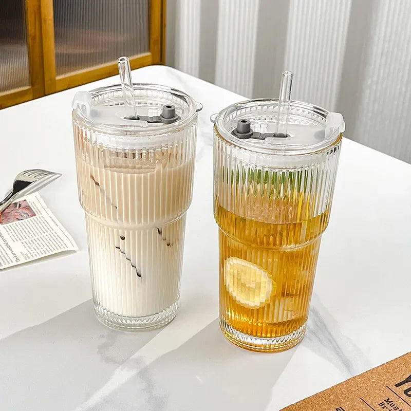 450ml/600ml Stripe Coffee Glass Cup Transparent Glass Cup With Lid and Straw Iced Coffee Mug Juice Milk Tea Water Cup Drinkware