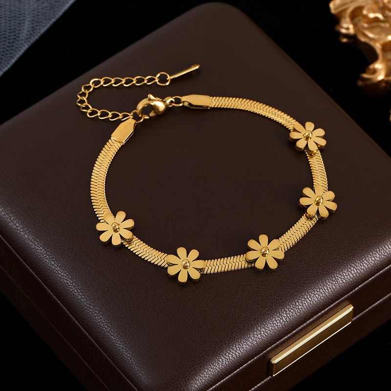 GANEMLY Trendy Gold Color Flower Heart Zircon Bracelet Bangle Stainless Steel Waterproof Jewelry For Women Party Gift pulseras