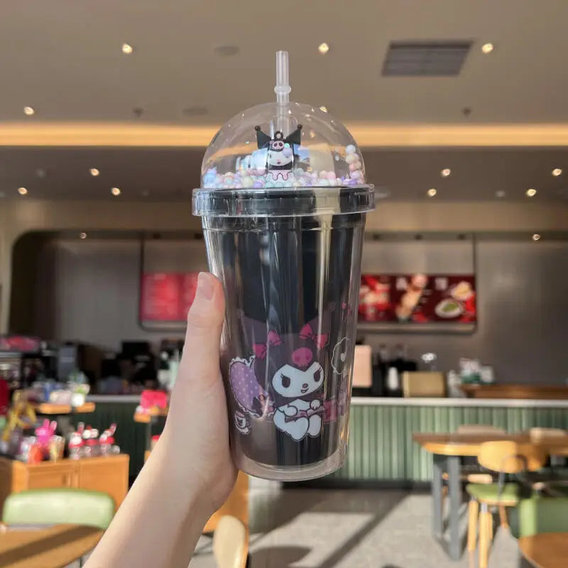 Sanrio Kawaii Anime Water Bottle Kuromi Double-Layer Plastic Cup Water Cup Cinnamoroll Portable Sport Mug Straw Water Cup Gifts