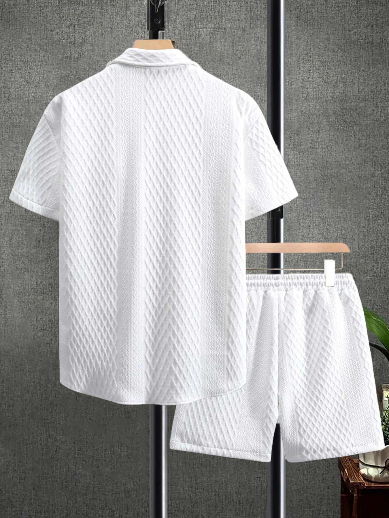 Men's 2 Pieces Heavy Weight Casual Outfits, Knitted Textured Short Sleeves Lapel Collar Shirt and Drawstring Shorts