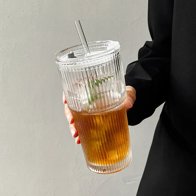 450ml/600ml Stripe Coffee Glass Cup Transparent Glass Cup With Lid and Straw Iced Coffee Mug Juice Milk Tea Water Cup Drinkware