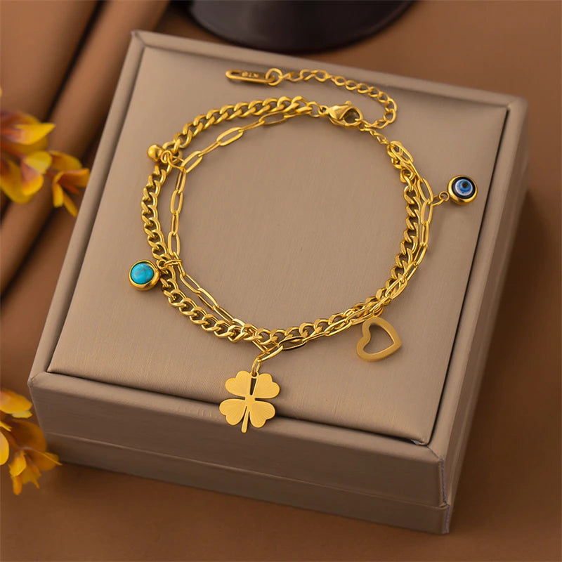 316L Stainless Steel New Fashion Fine Jewelry 7 Different Styles Heart Daisy Bamboo Knots Charm Thick Chain Bracelets For Women