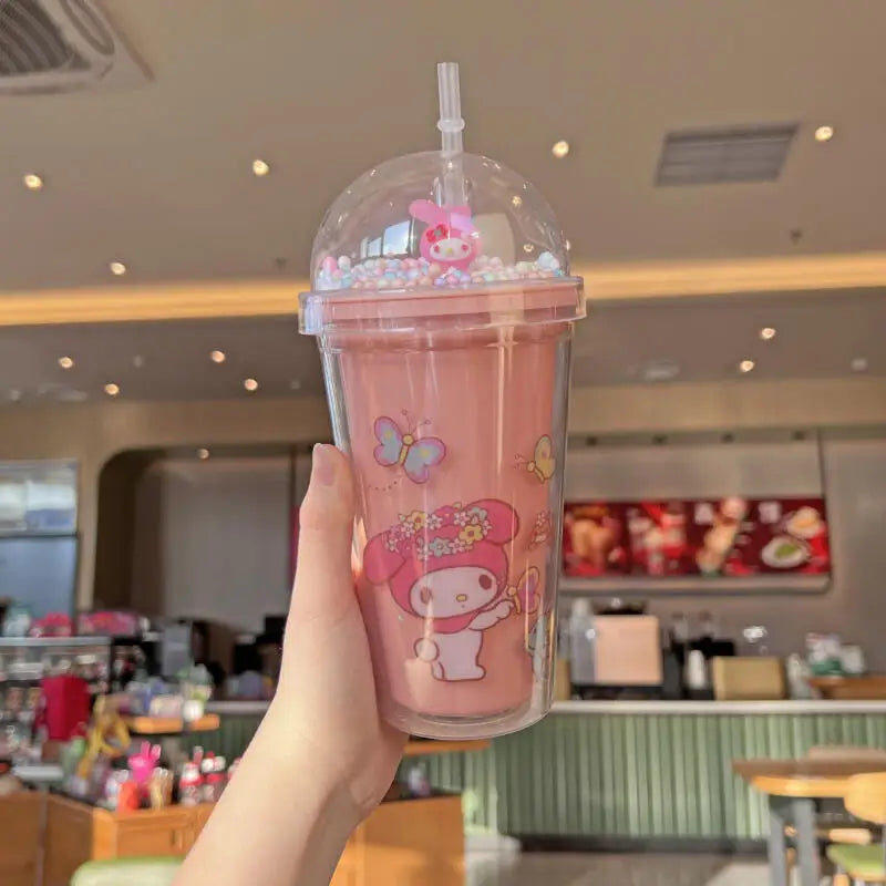 Sanrio Kawaii Anime Water Bottle Kuromi Double-Layer Plastic Cup Water Cup Cinnamoroll Portable Sport Mug Straw Water Cup Gifts