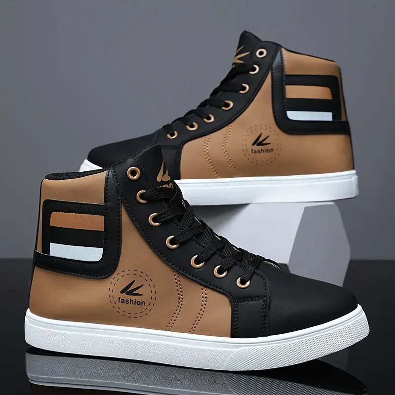 Men's High-Top Skate Sneakers - Versatile, Fashionable Lace-Up Casual Shoes for All Seasons, Durable Rubber Sole