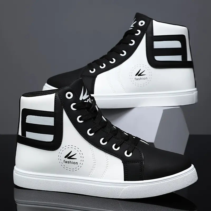 Men's High-Top Skate Sneakers - Versatile, Fashionable Lace-Up Casual Shoes for All Seasons, Durable Rubber Sole